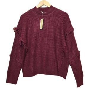𝅺michael Michael Kors BNWT fringe burgundy sweater mock neck knit sz Large NEW
